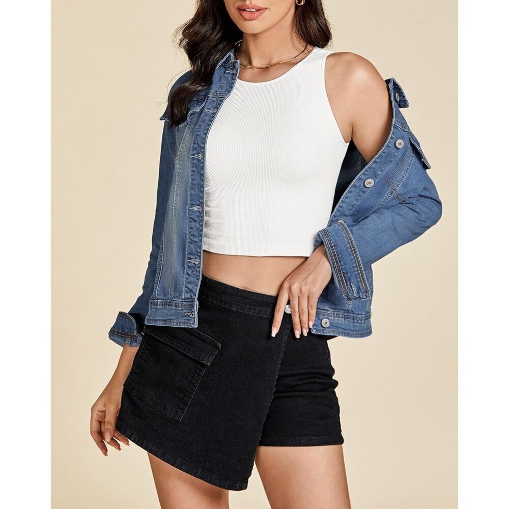 Women's Basic Long Sleeves Button Down Fitted Denim Jean Jacket Vintage Blue - Picture 4 of 9
